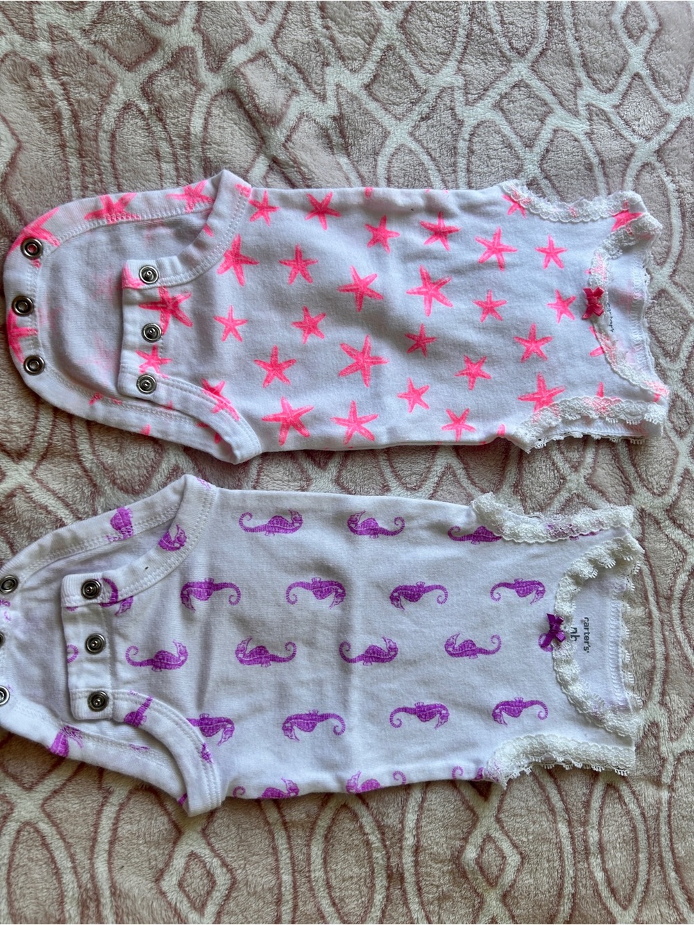 Carter's White Sleeveless Onesie Set with Pink Stars & Purple Seahorses